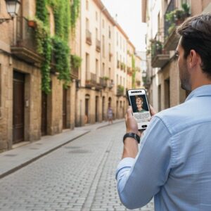 A man seen from behind holds a smartphone while standing on a narrow cobblestone street in Helsinki.