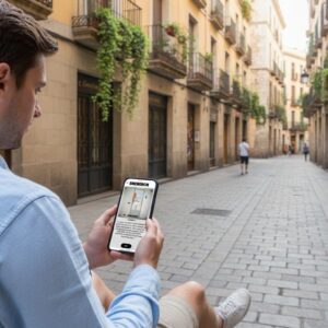 A man sits on a cobblestone street in Granada, looking at a city game on his smartphone.