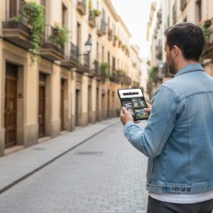 A man stands on a cobblestone street in Galle, playing the Sherlock city game on a tablet.