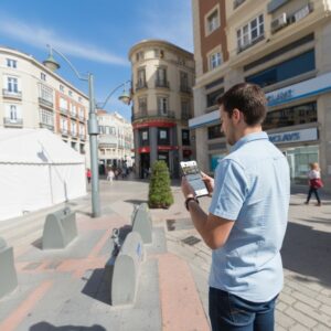 A man stands in a sunny city square in Malaga, looking at his smartphone with historic buildings in the background.