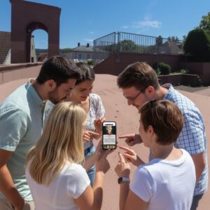 A group of friends play a city game on a smartphone near the Kurpfalzbrücke in Mannheim.