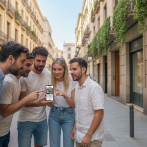 A group of five friends stand together on a city street in Mechelen, smiling and pointing at a smartphone.