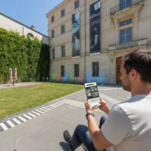 A man plays a Sherlock-themed city game on his phone outside the Musée Fabre in Montpellier.