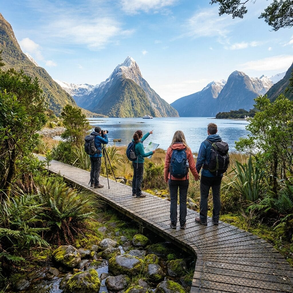 Hikers Viewing Mitre Peak In Milford Sound, New Zealand
