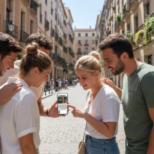 A group of four smiling friends stand on a cobblestone street in Nuremberg, looking together at a smartphone.