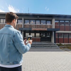 A man playing a Sherlock-themed game on his phone in front of the Politigarden police station building in Nuuk.