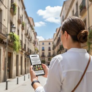 A woman seen from behind plays the Sherlock city game on her phone in a historic street in Olbia.