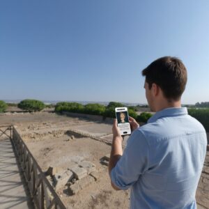 A man standing at an archaeological site in Paphos, playing a Sherlock-themed game on his smartphone.