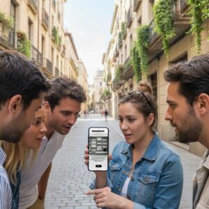 A young woman shows her four friends a city game on her smartphone on a street in Pattaya.