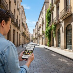 A person wearing a denim jacket plays a game on a smartphone on a historic cobblestone street in Nijmegen.