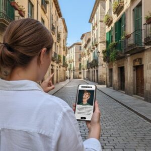 A woman plays a Sherlock-themed city game on her phone while standing on a historic cobblestone street in Leuven.