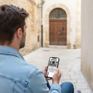 A young man sitting in an alley in Marbella's old town playing the Sherlock City Game on his smartphone.