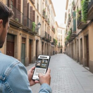 A man plays the Sherlock city game on his smartphone while standing in a narrow, historic street in Osaka.