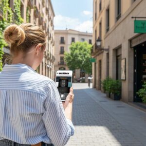 A woman from behind stands on a city street in Bangkok, playing the Sherlock city game on her phone.