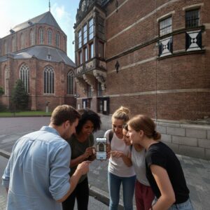 A group of friends play a city game on a smartphone in Groningen with the Martinikerk in the background.