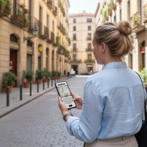 A woman seen from behind uses a smartphone to play a city game on a historic street in Porto.