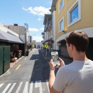 A man seen from behind holds a smartphone, playing a city game in a narrow alley in Queenstown.