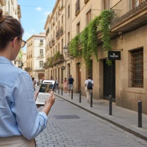 A woman stands on a cobblestone street in Regensburg, using her phone to play a city game.