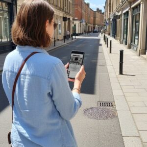 A woman seen from behind stands on a historic street in Riga, playing a city game on her smartphone.