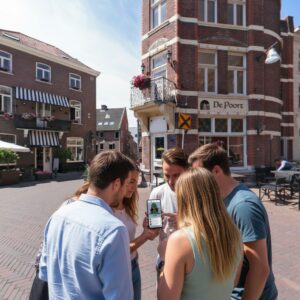 A group of friends play a city game on a smartphone in Roermond near the De Poort building.