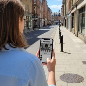 A woman seen from behind plays the Sherlock city game on her phone on a sunny street in Roermond.
