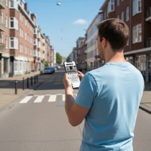 A young man stands on a street in Rotterdam, playing the Sherlock city game on his smartphone.