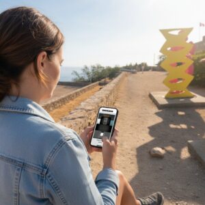 A woman sits by a stone wall in Saint-Tropez, playing the Sherloch city game on her smartphone.