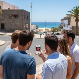 A group of friends stand on a street in Sal, looking at a smartphone during a city game.