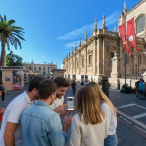 A group of friends look at a smartphone while playing a city game beside the Archivo General de Indias in Seville.