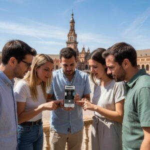 A group of five friends stands together looking at a smartphone at the Plaza de España in Seville.