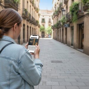 A woman stands on a narrow stone street in Rijeka, playing the Sherlock city game on her smartphone.