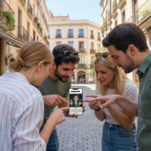 A group of four friends stands on a cobblestone street, looking at a smartphone displaying the Sherlock game.