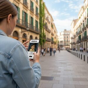 A woman in a denim jacket plays a city game on her phone on a pedestrian street in Gothenburg.
