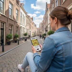 A woman sits on a historic cobblestone street in Hamburg, playing the Sherlock city game on her smartphone.