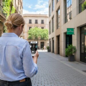 A woman from behind playing a city game on her smartphone on a cobblestone street in Bari.