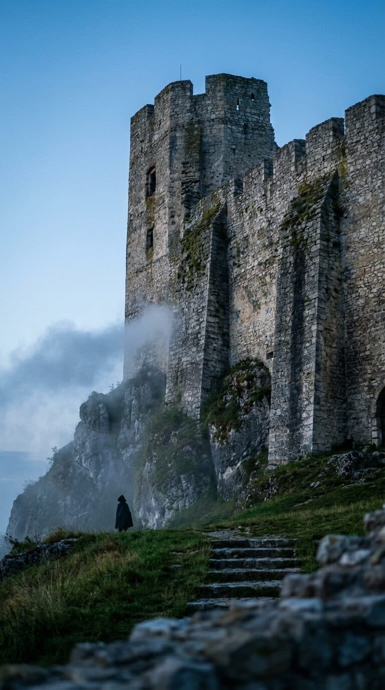 Cloaked Figure at Beckov Castle, Slovakia