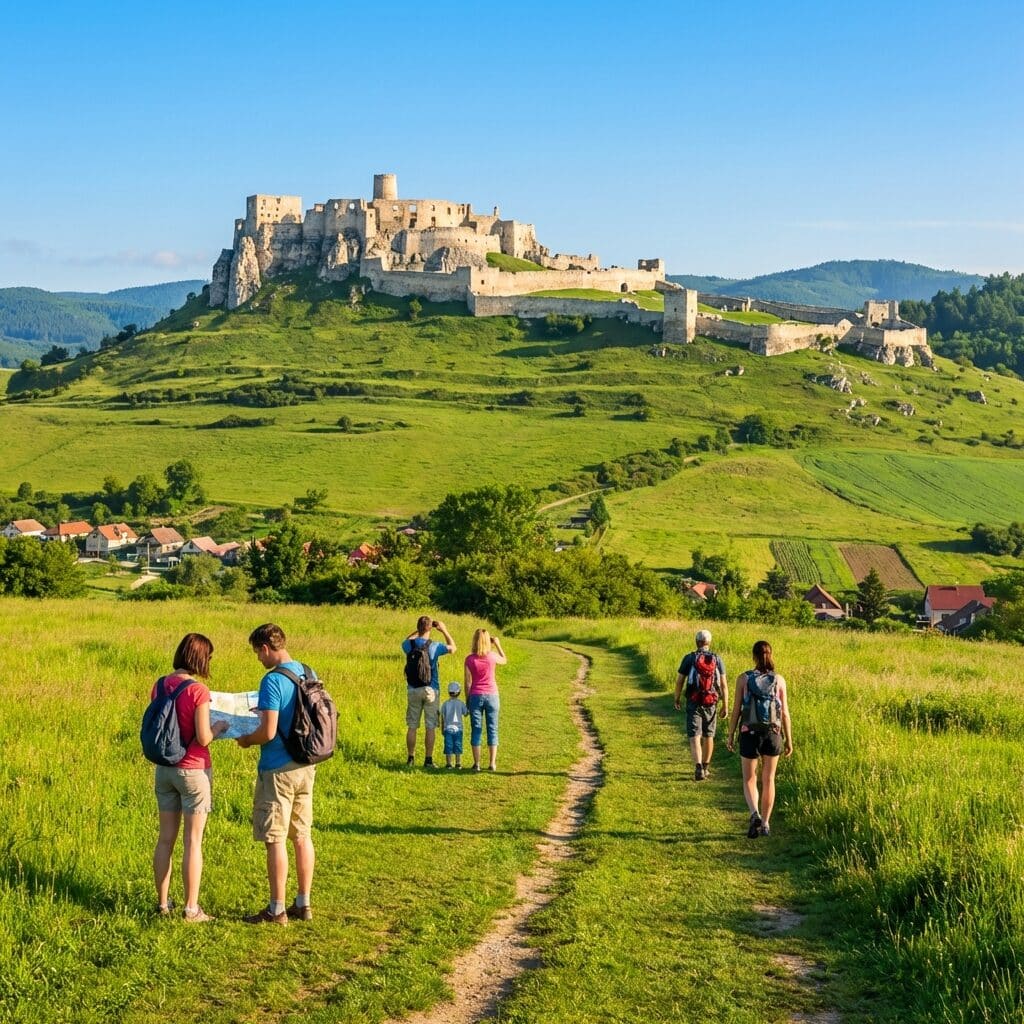 Hikers Approaching Spiš Castle in Slovakia
