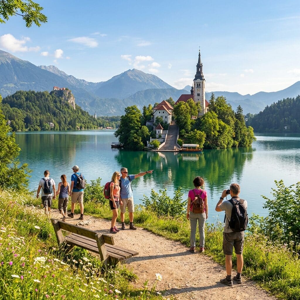 Hikers Admiring Lake Bled and Bled Island