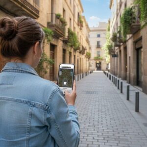 A woman playing a Sherlock city game on her smartphone in a narrow, historic cobblestone alley in Strasbourg.