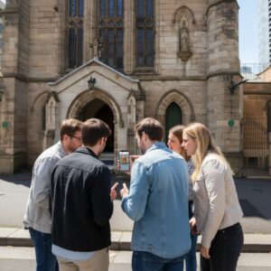 A group of five friends look at a smartphone together outside St Andrew's Cathedral in Sydney.