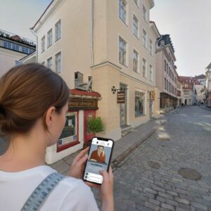 A woman stands on a cobblestone street in Tallinn's Old Town, playing a city game on her smartphone.