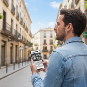 A man in a denim jacket plays the Sherlock city game on his smartphone on a historic street in Thessaloniki.