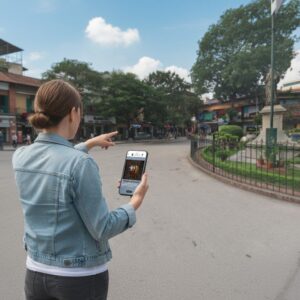 A woman stands on a street in Hanoi, using a smartphone app and pointing towards a monument.