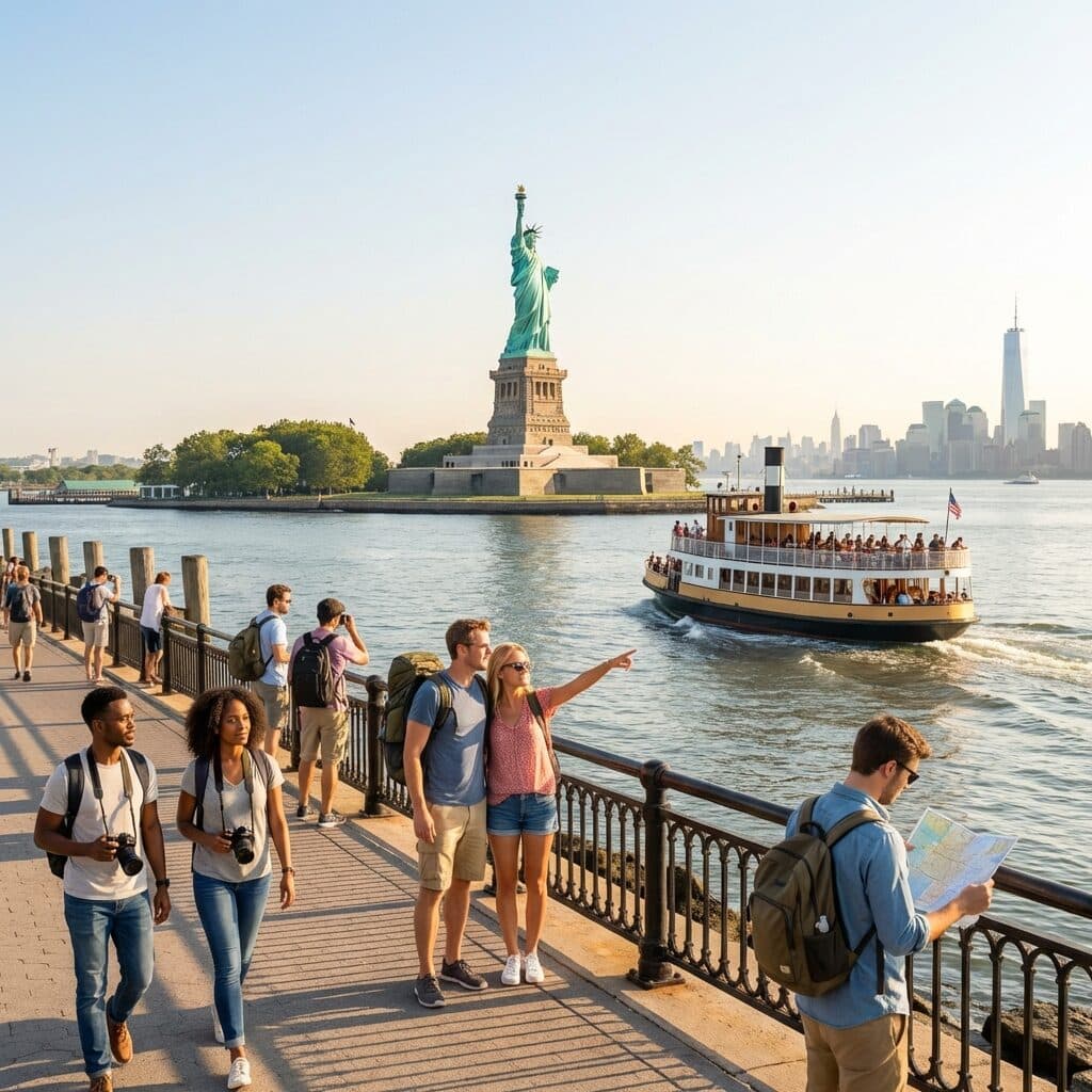 Tourists Viewing the Statue of Liberty in New York
