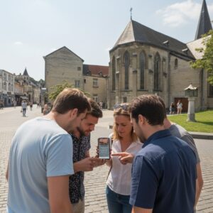 A group of friends playing a city game on a smartphone in a historic square in Valkenburg with a large stone church behind them.
