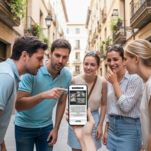 A group of five friends playing a city game gathers around a smartphone on a historic street in Valladolid.