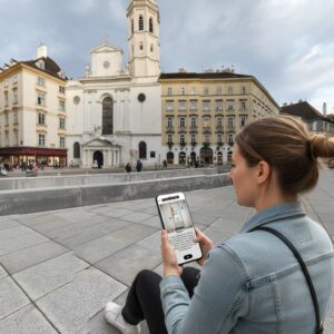 A woman sits in Michaelerplatz in Vienna playing a Sherlock-themed city game on her smartphone.