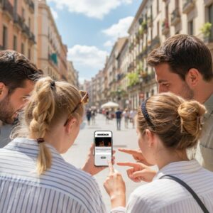 Four friends gathered together on a pedestrian street in Vilnius, playing the Sherlock city game on a smartphone.