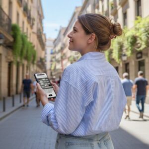A woman in a striped shirt stands on a sunlit street in Catania, holding a smartphone.