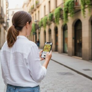 A woman seen from behind looks at her phone while standing on a narrow street in Santa Cruz de la Sierra.
